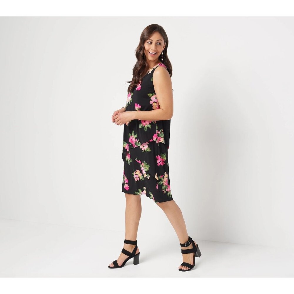 Susan Graver Black Pink Floral Tiered V-Neck Sleeveless Shift Dress Womens M